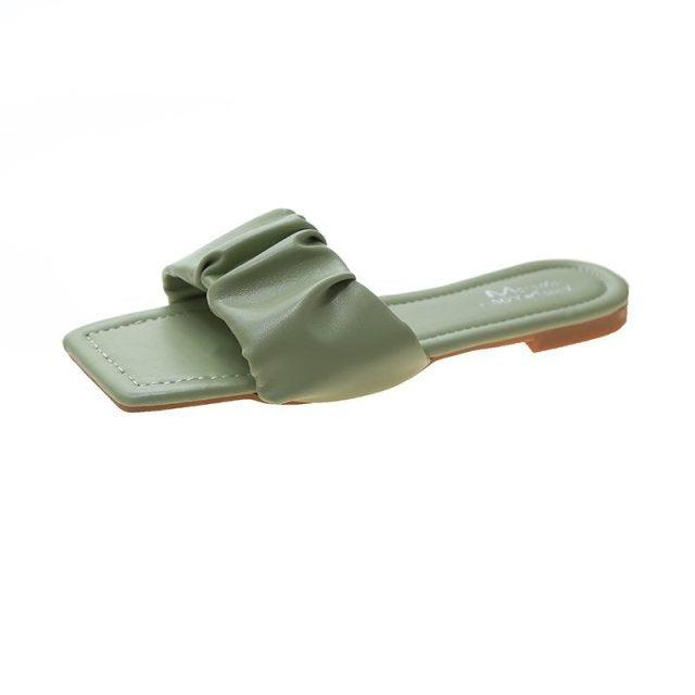 Women’s Pleated Square Toe Flat Sandals Minimalist Slide Slides