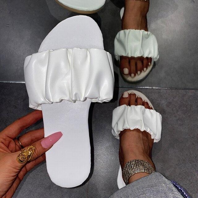 Women’s Pleated Square Toe Flat Sandals Minimalist Slide Slides