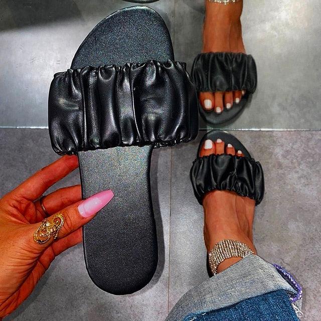 Women’s Pleated Square Toe Flat Sandals Minimalist Slide Slides