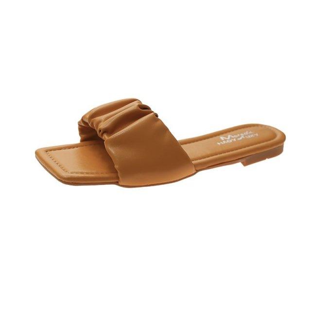Women’s Pleated Square Toe Flat Sandals Minimalist Slide Slides