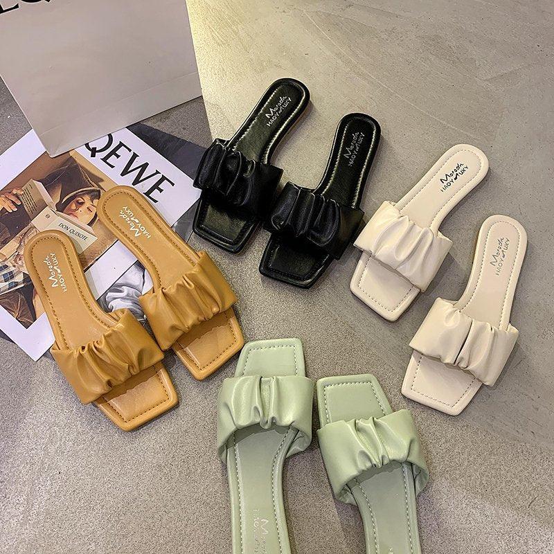 Women’s Pleated Square Toe Flat Sandals Minimalist Slide Slides