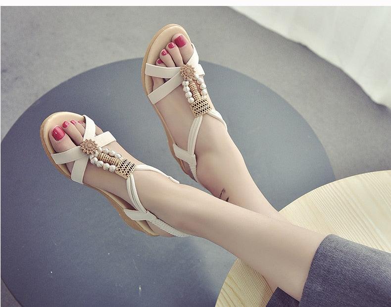 Women’s Flat Pearl Sandals Elastic Ankle Strap Casual Shoes