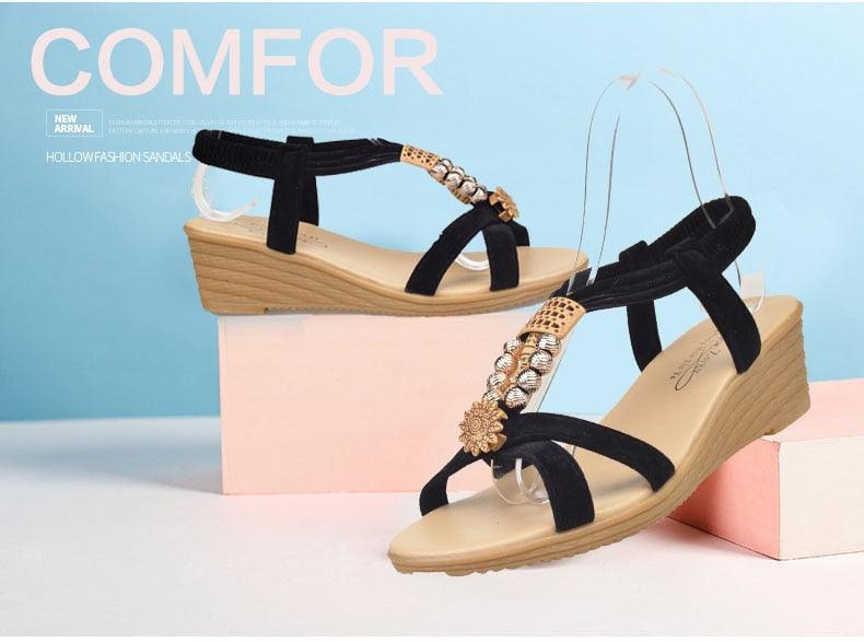 Women’s Flat Pearl Sandals Elastic Ankle Strap Casual Shoes