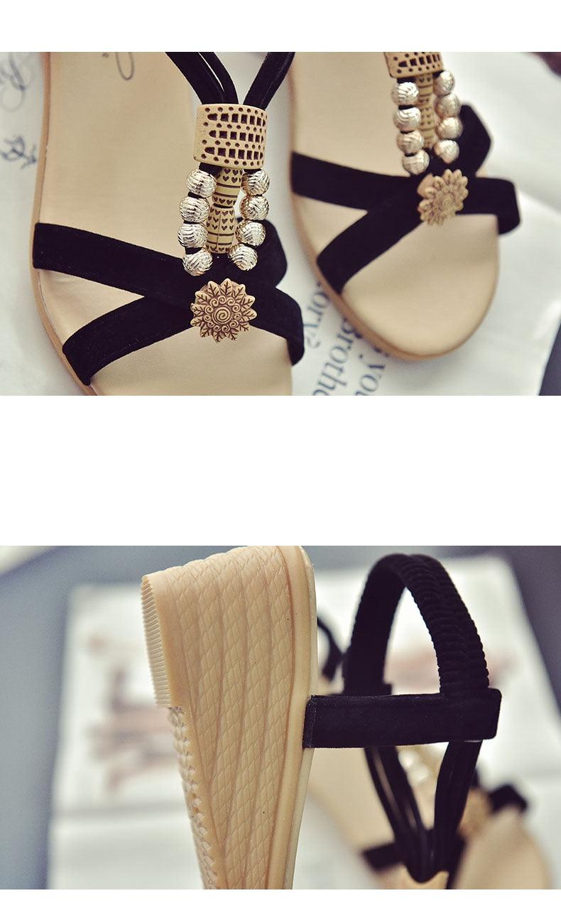 Women’s Flat Pearl Sandals Elastic Ankle Strap Casual Shoes