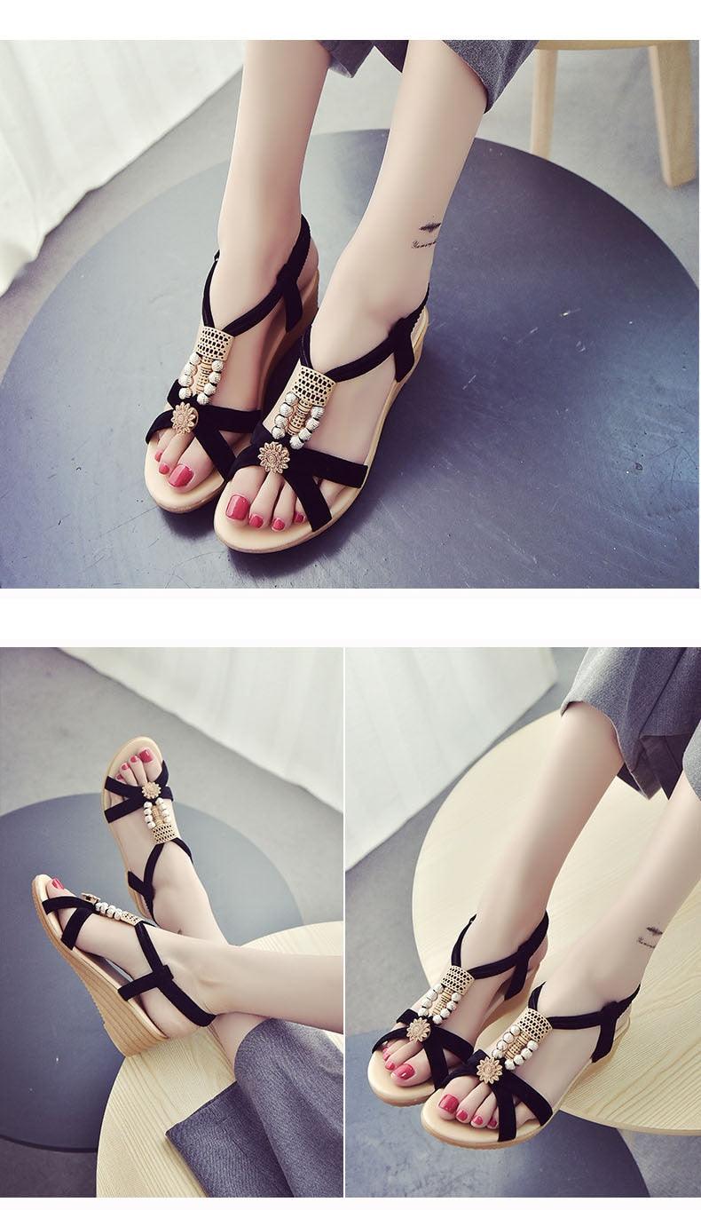 Women’s Flat Pearl Sandals Elastic Ankle Strap Casual Shoes