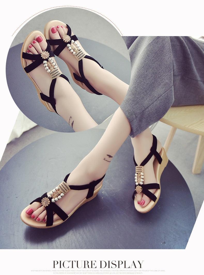Women’s Flat Pearl Sandals Elastic Ankle Strap Casual Shoes