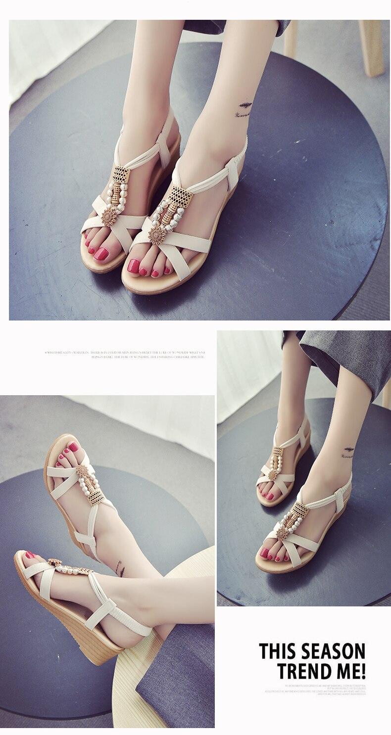 Women’s Flat Pearl Sandals Elastic Ankle Strap Casual Shoes