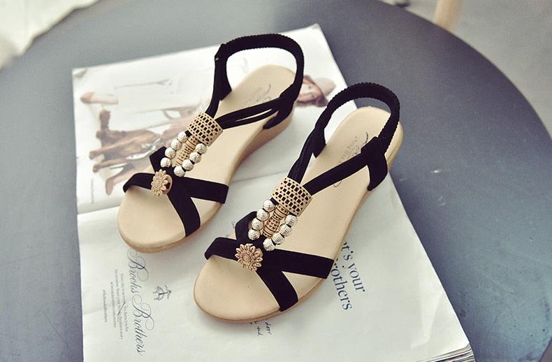 Women’s Flat Pearl Sandals Elastic Ankle Strap Casual Shoes