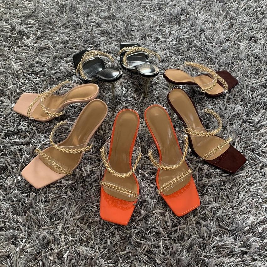 Square Toe Clear Transparent High Heel Sandals with Chain Detail