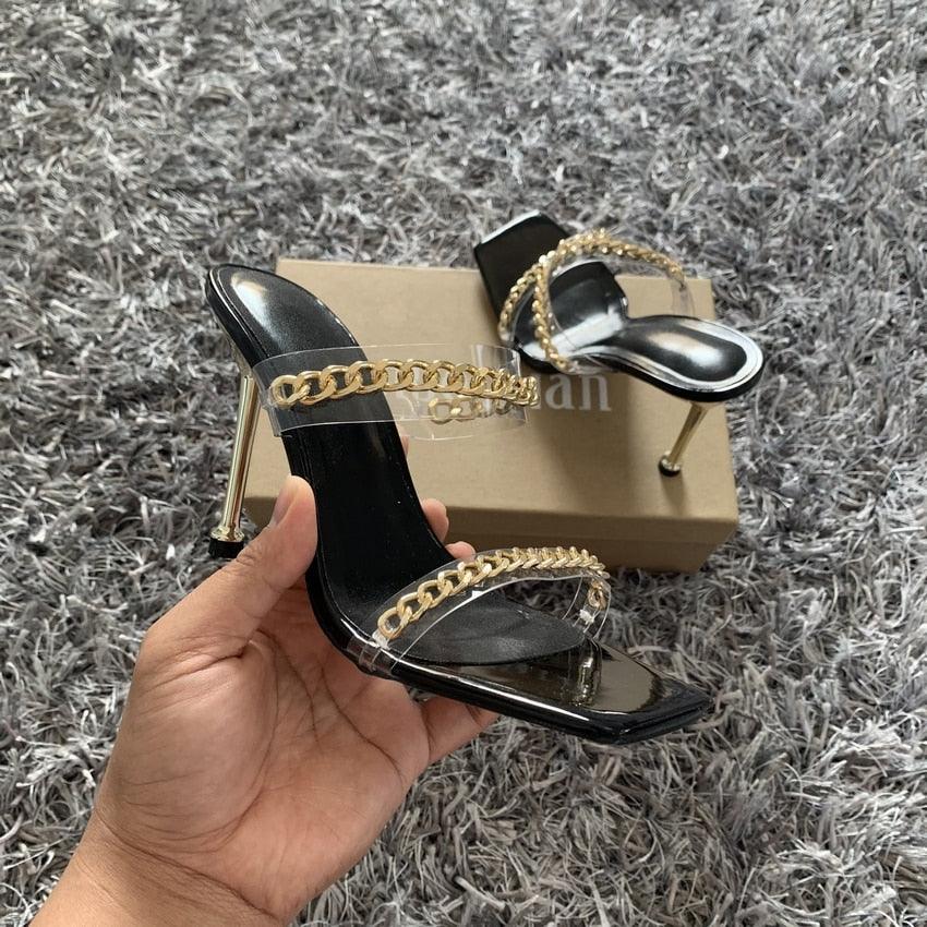 Square Toe Clear Transparent High Heel Sandals with Chain Detail