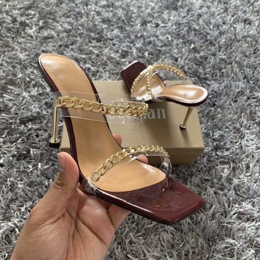 Square Toe Clear Transparent High Heel Sandals with Chain Detail