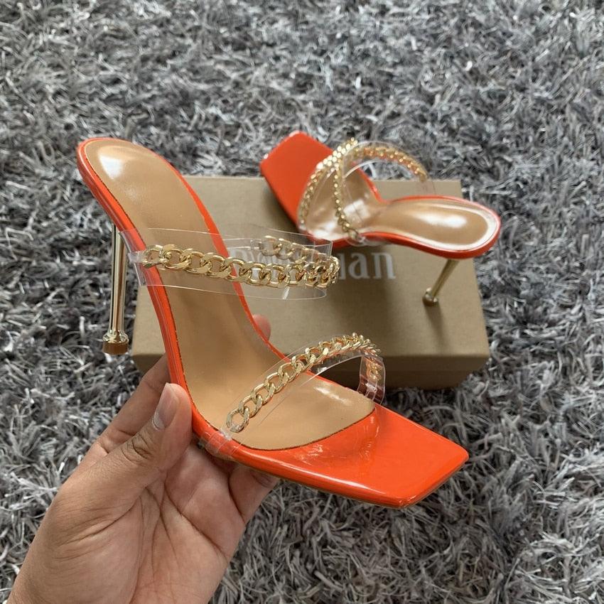 Square Toe Clear Transparent High Heel Sandals with Chain Detail