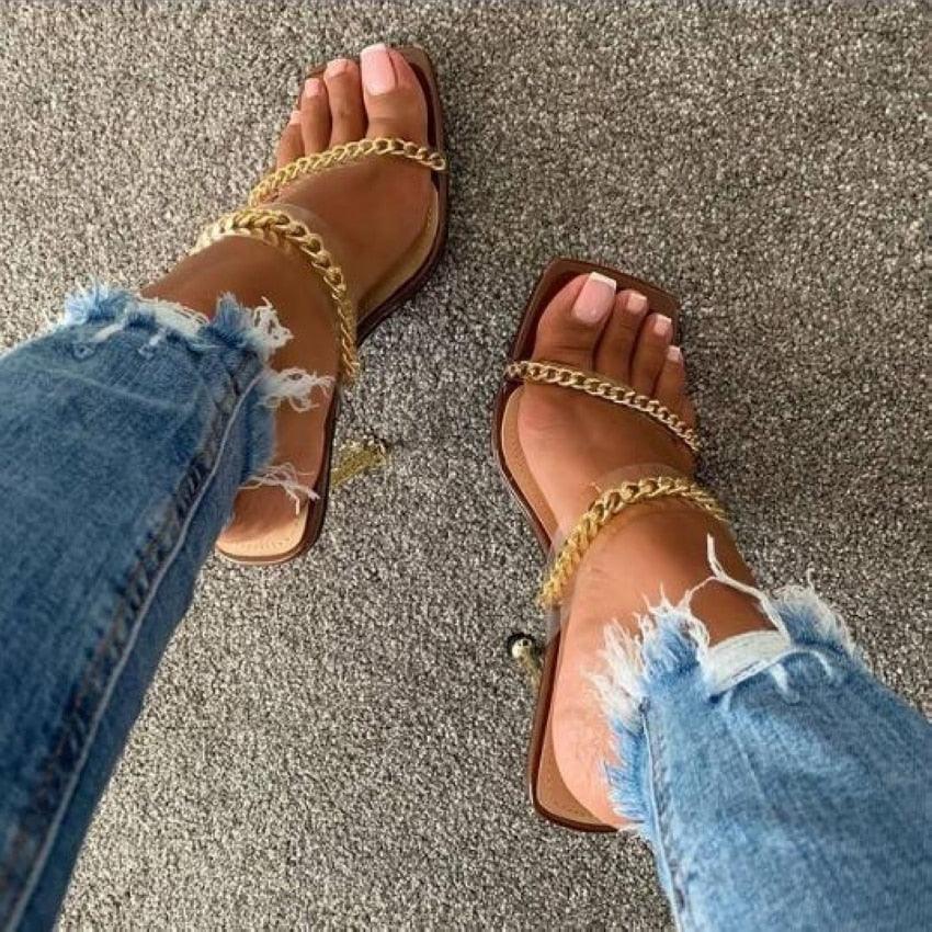 Square Toe Clear Transparent High Heel Sandals with Chain Detail