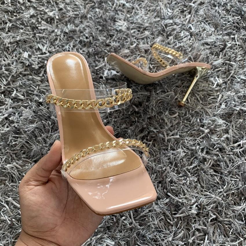Square Toe Clear Transparent High Heel Sandals with Chain Detail