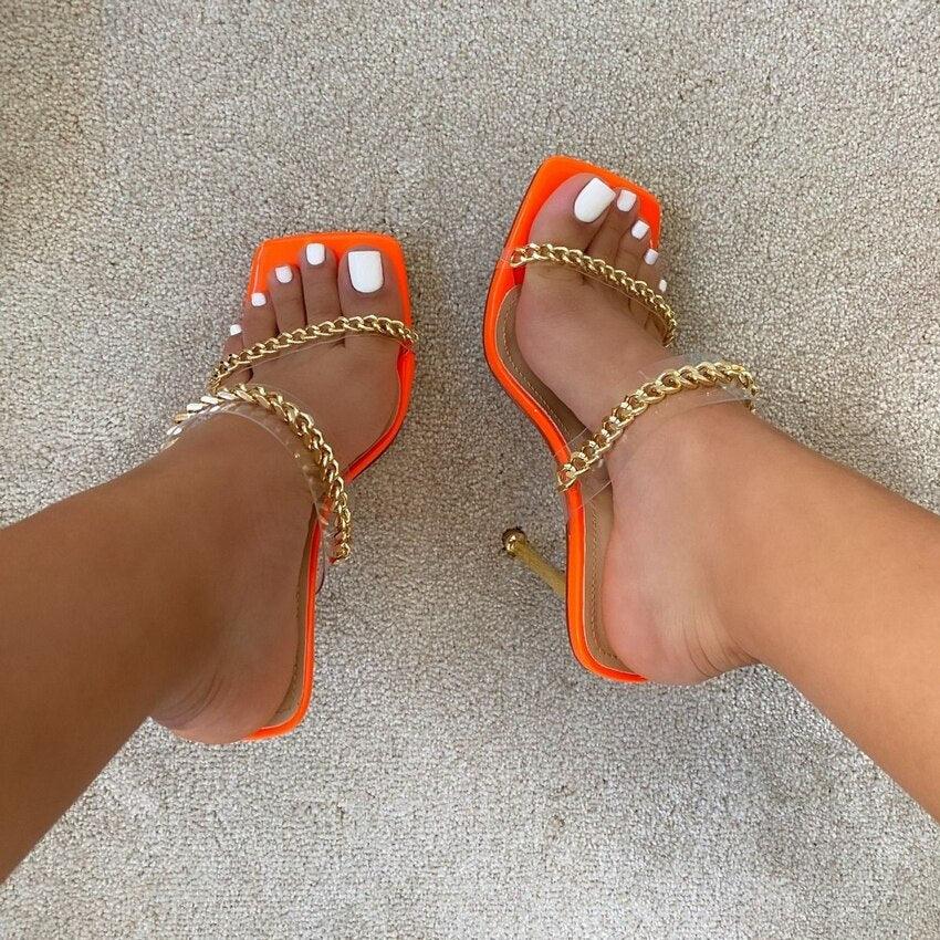 Square Toe Clear Transparent High Heel Sandals with Chain Detail
