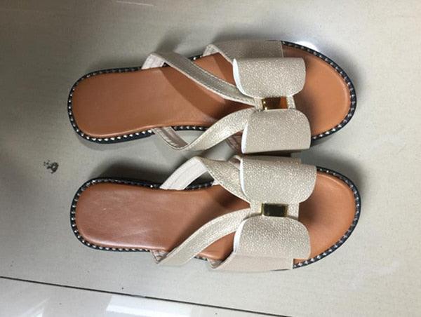 Women's Butterfly-Knot Leather Slides Casual Slip-On Sandals