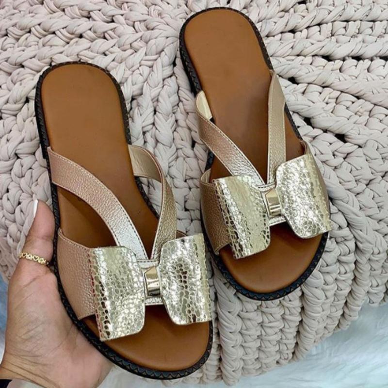Women's Butterfly-Knot Leather Slides Casual Slip-On Sandals