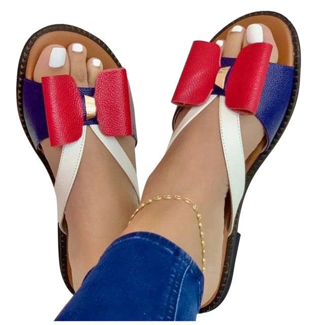 Women's Butterfly-Knot Leather Slides Casual Slip-On Sandals
