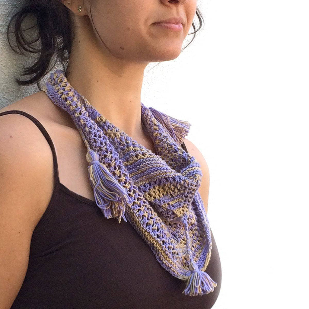 Summer's Breeze Shawlette Knit & Crochet Kit in lavender and beige on a flat lay