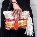 Handmade Sun Burst Clutch made from textured Vintage Ivory Sari Silk Ribbon yarn.