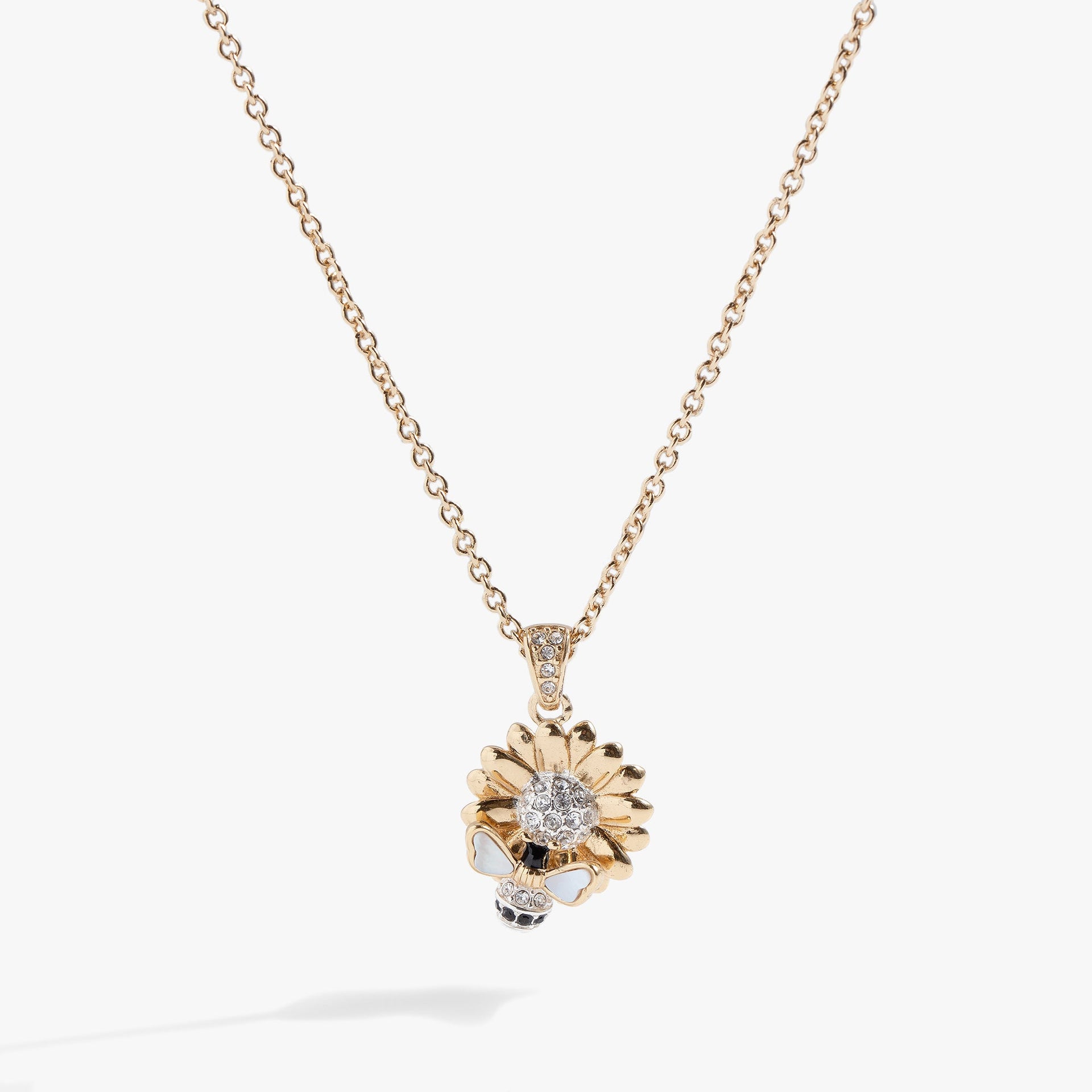 Gold-tone sunflower and bee pendant necklace with mother of pearl wings and crystal accents