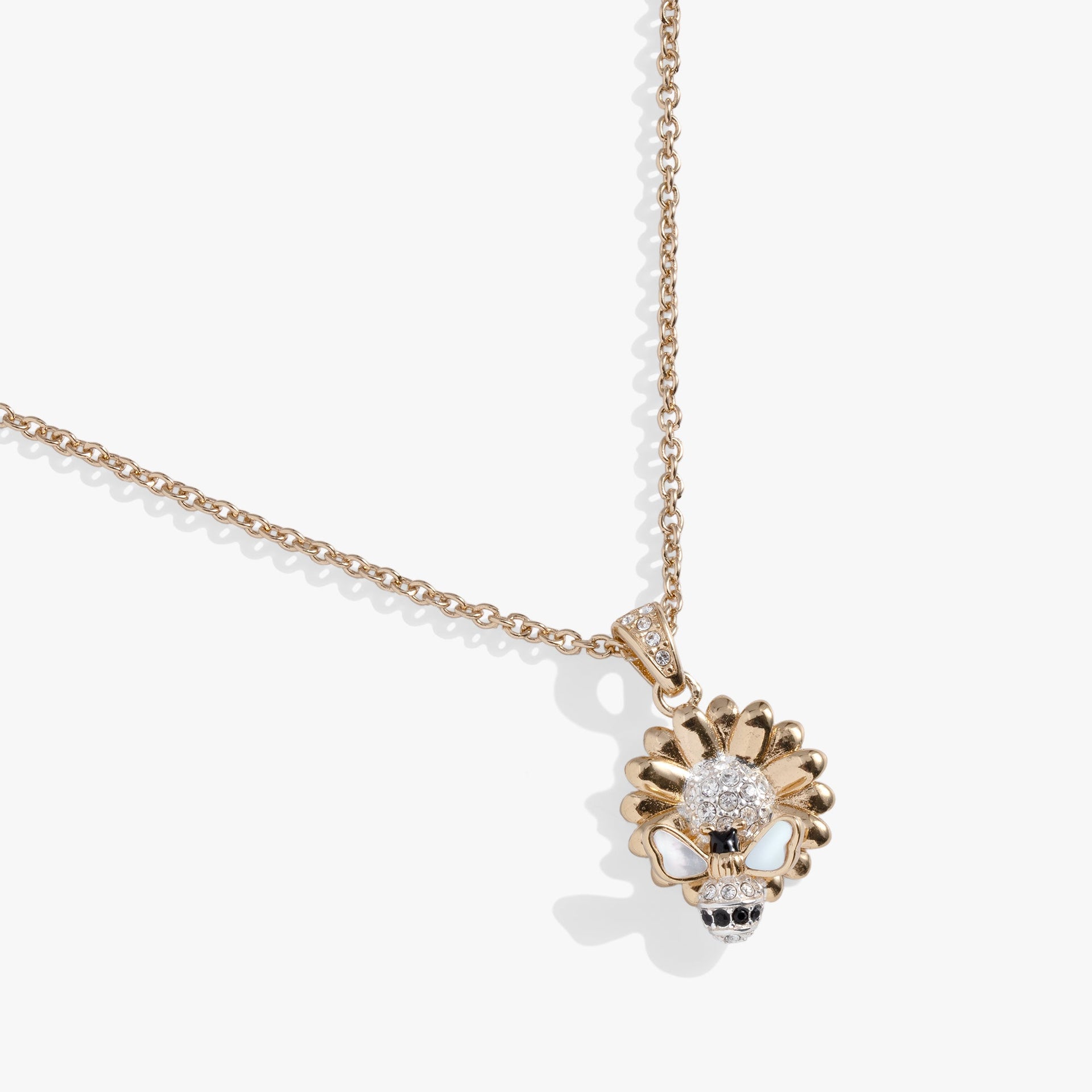 Sunflower & Bee Pendant Necklace with Mother of Pearl and Crystals