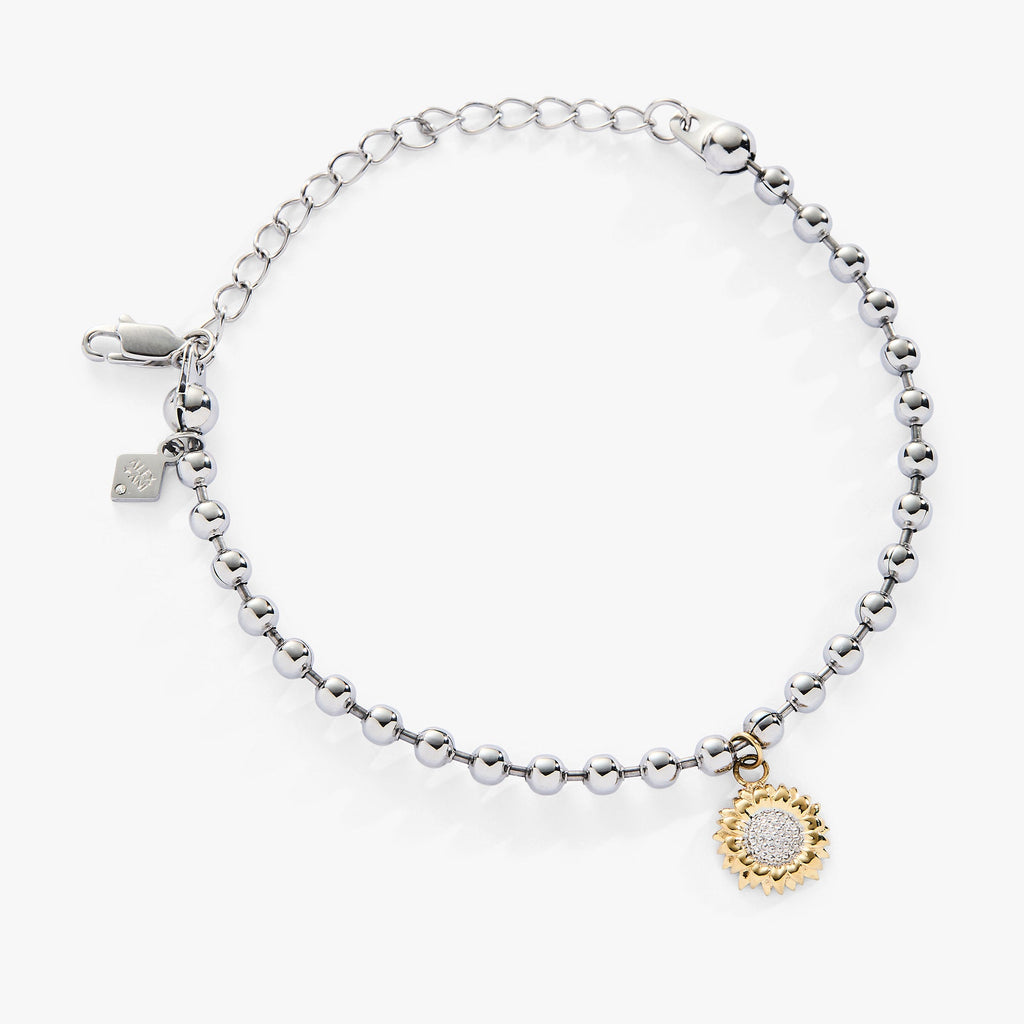 Elegant sunflower charm on a ball chain bracelet with a crystal center