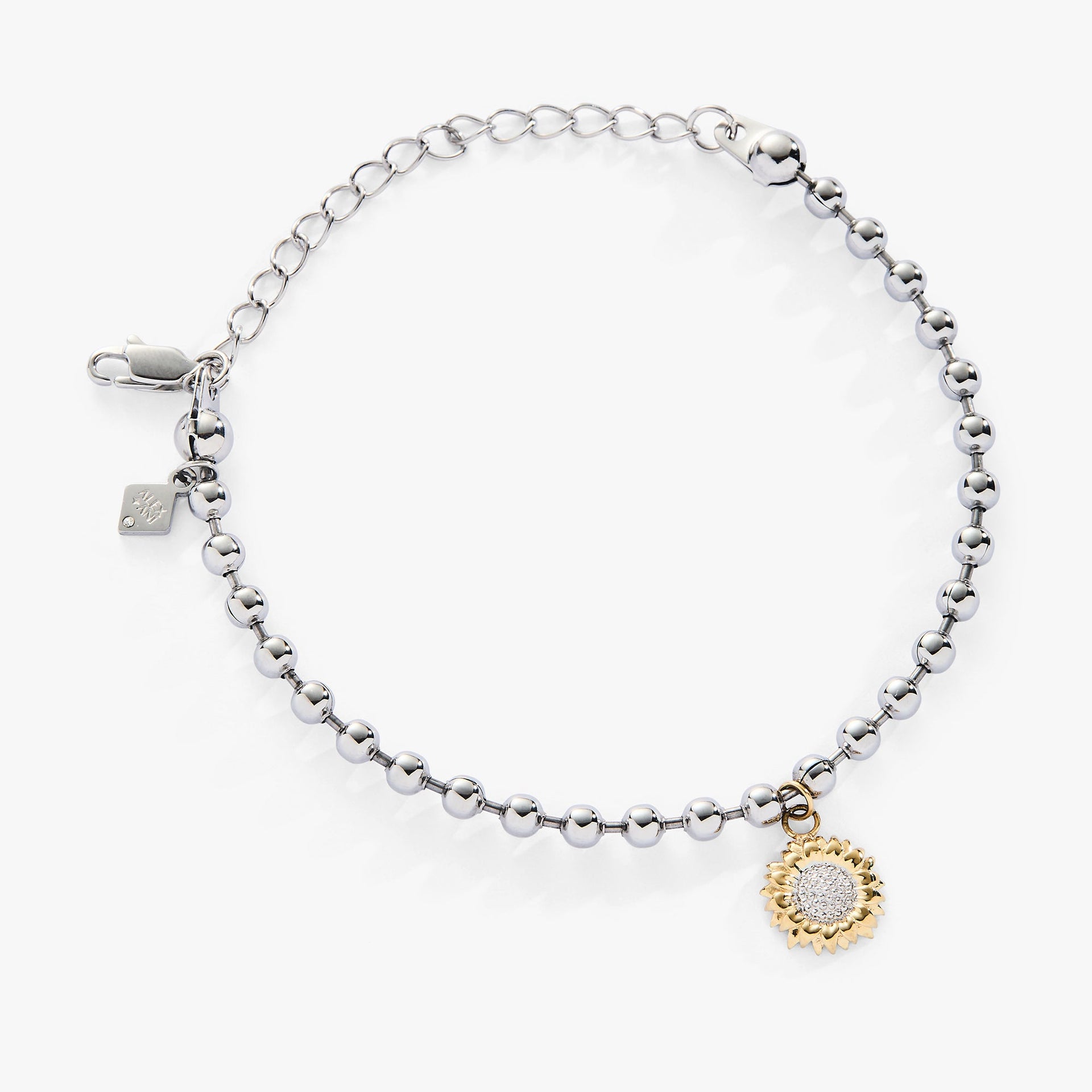 Elegant sunflower charm on a ball chain bracelet with a crystal center
