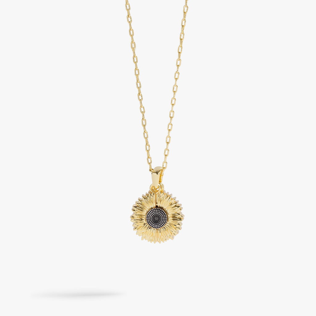 Golden sunflower pendant necklace with hidden Choose Happiness mantra engraving