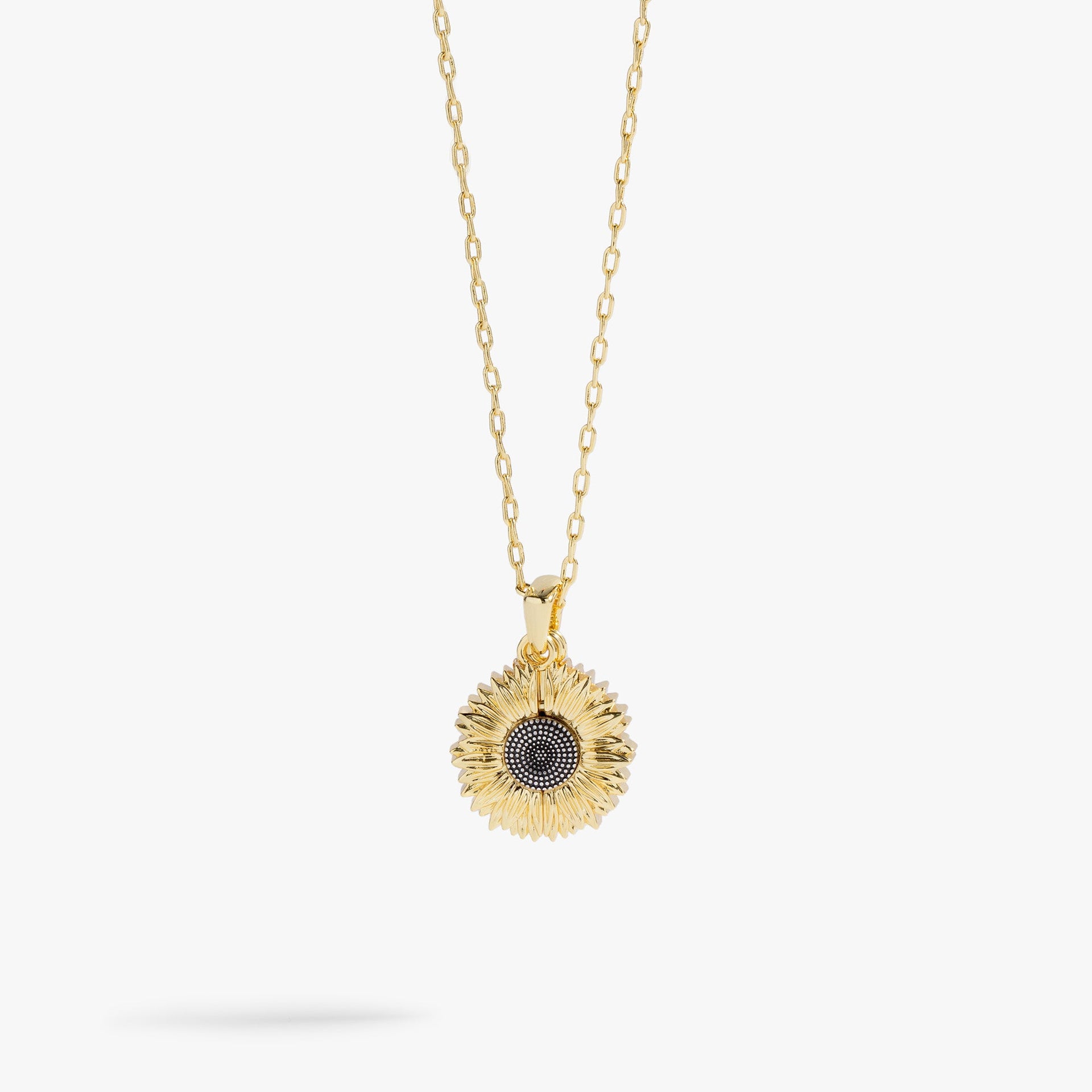 Golden sunflower pendant necklace with hidden Choose Happiness mantra engraving