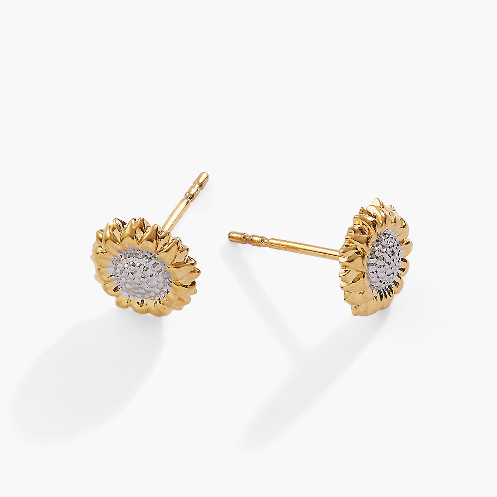 A pair of two-tone gold and silver Sunflower Mini Stud Earrings with a polished finish.