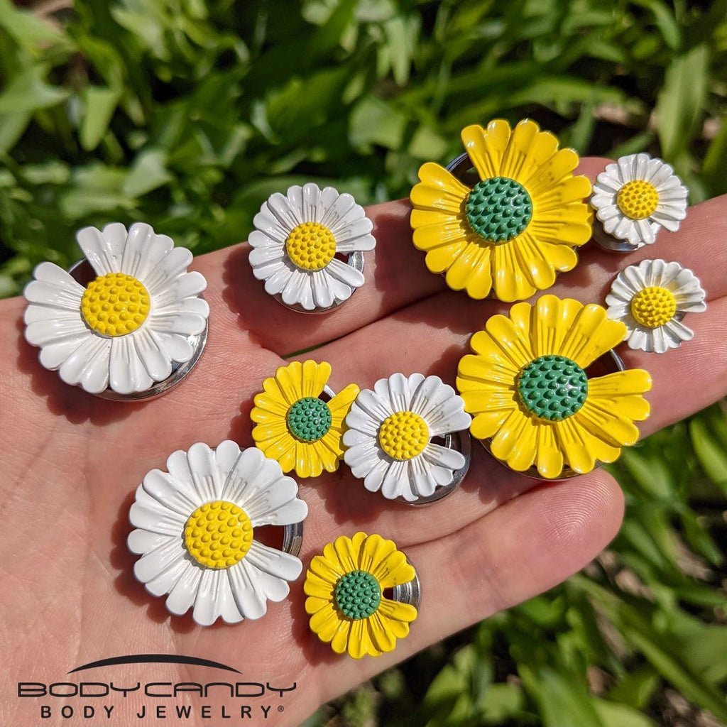 Yellow Daisy Flower Screw Fit Stainless Steel Ear Plug Set - Image 2