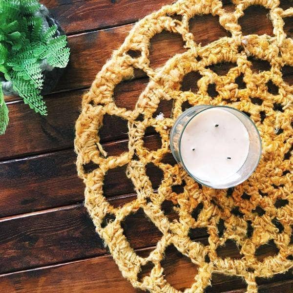 Vibrant textured Sunshine Mat created with a crochet pattern