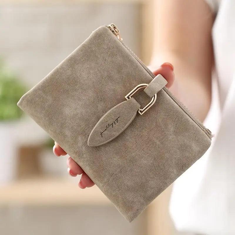 Vintage style matte PU leather small wallet for women in pink, taupe, and light-blue colors