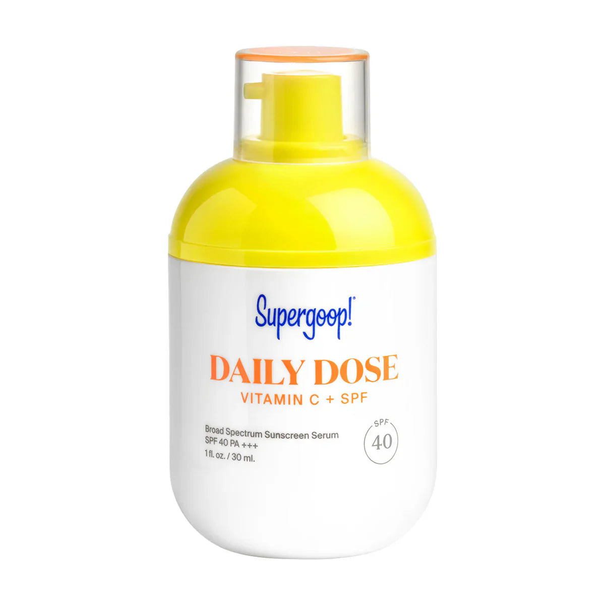 Supergoop! Daily Dose Vitamin C SPF 40 serum bottle in white and yellow.