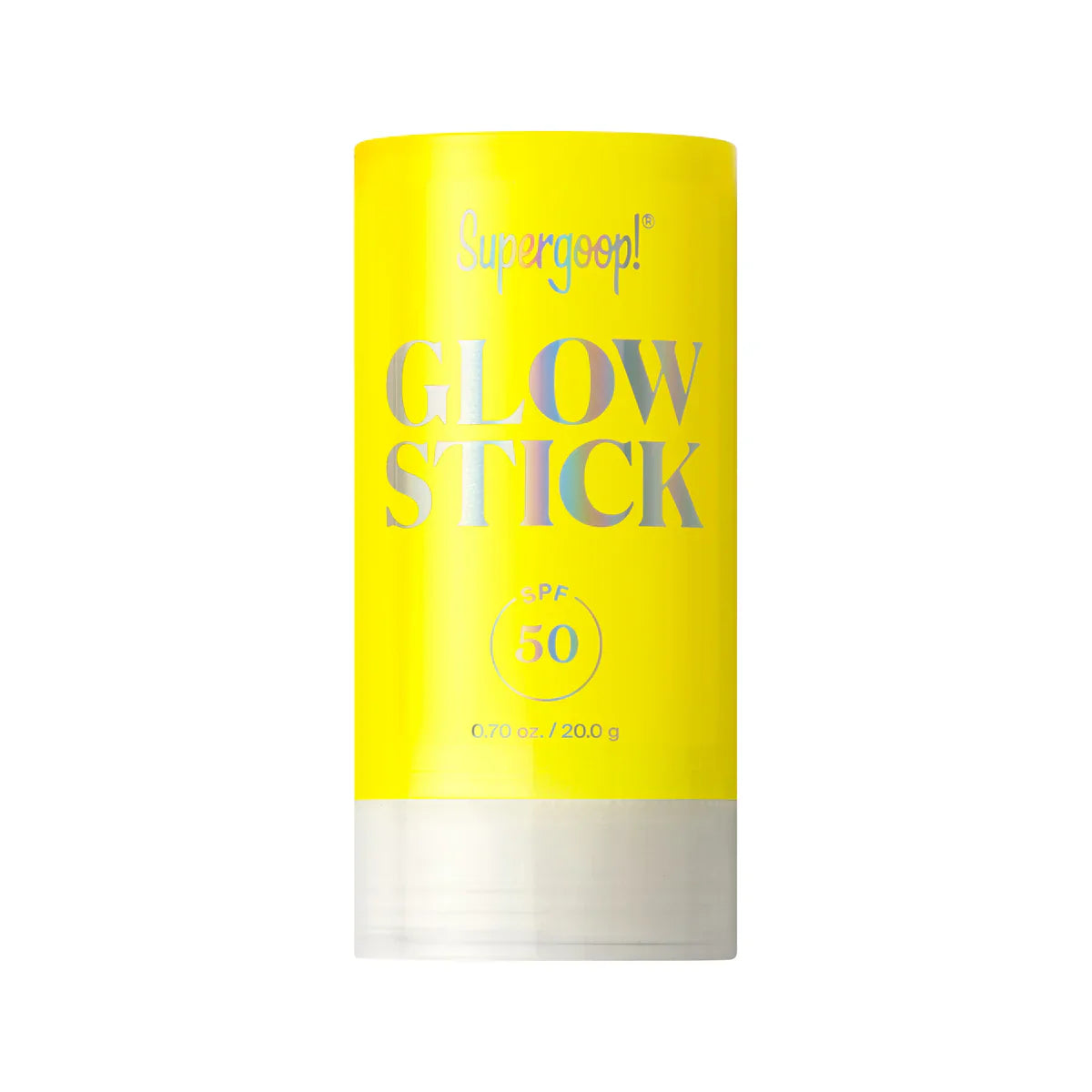 Yellow and silver Supergoop! Glow Stick SPF 50 0.7 oz container.
