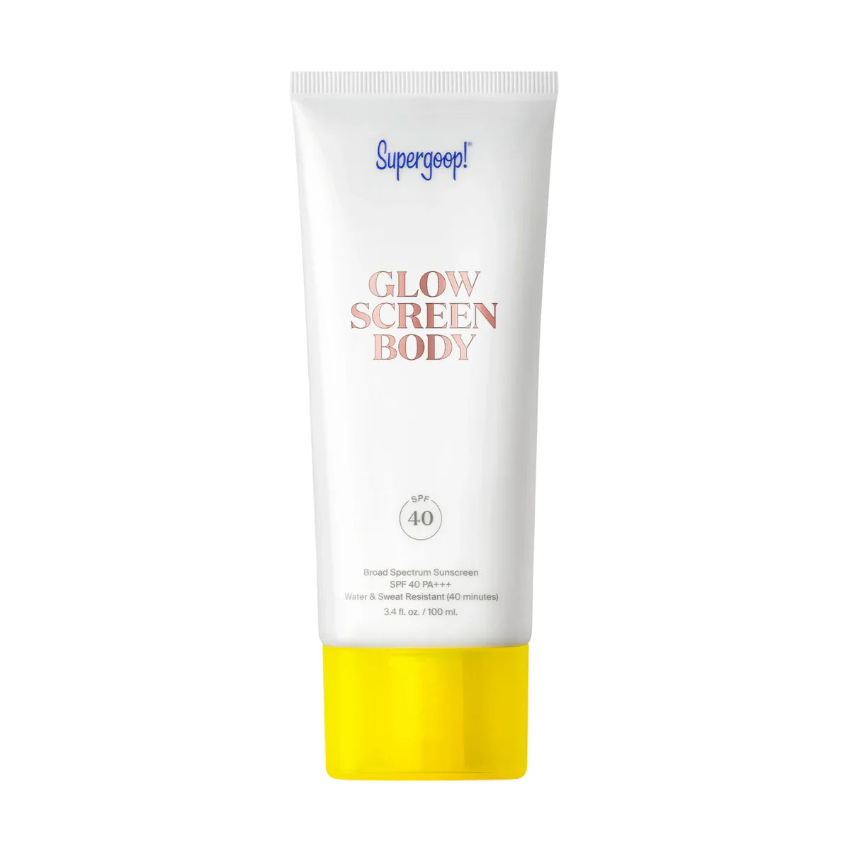 Supergoop! Glowscreen Body SPF 40 tube in white and yellow packaging