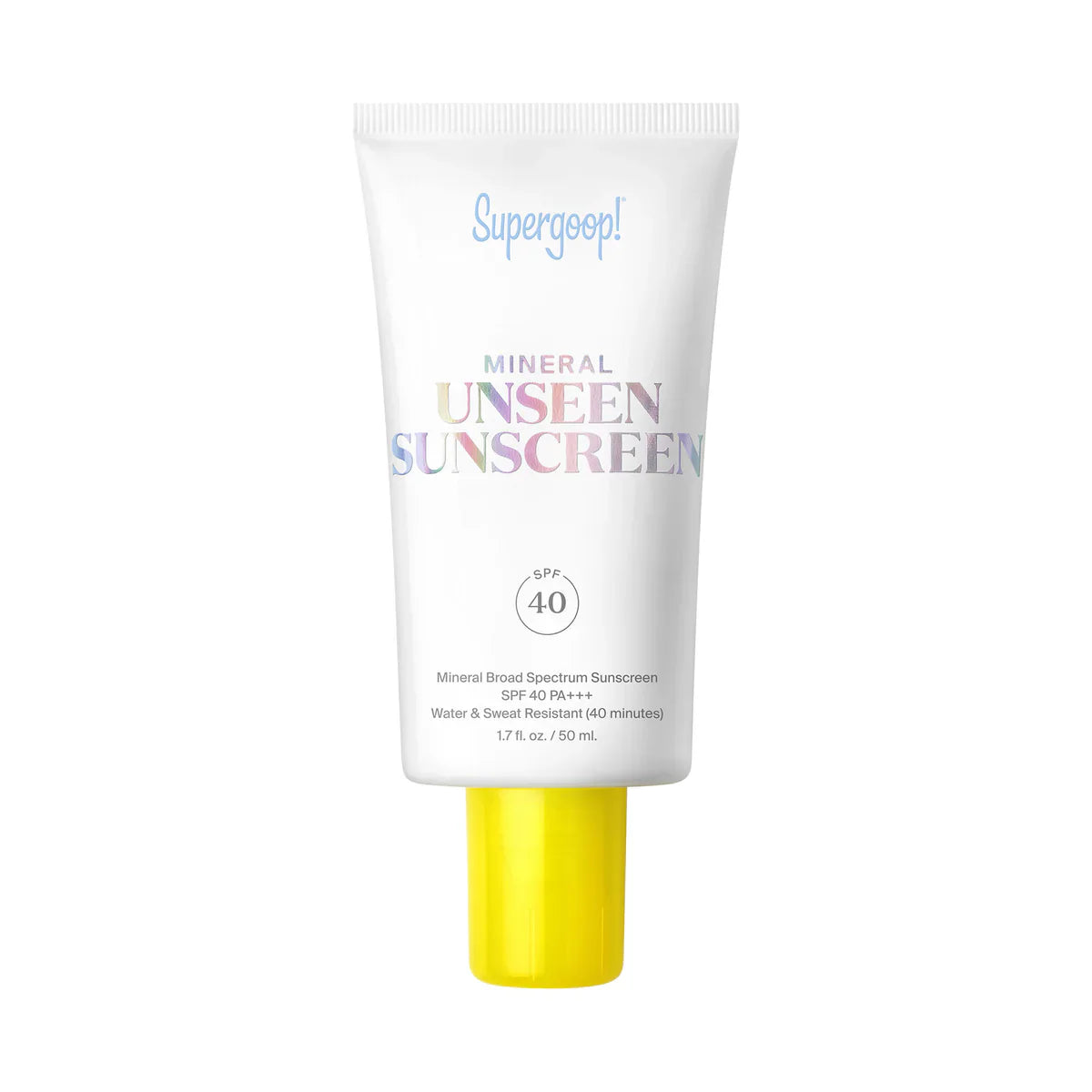 Supergoop! Mineral Unseen Sunscreen SPF 40 white and yellow packaging tube
