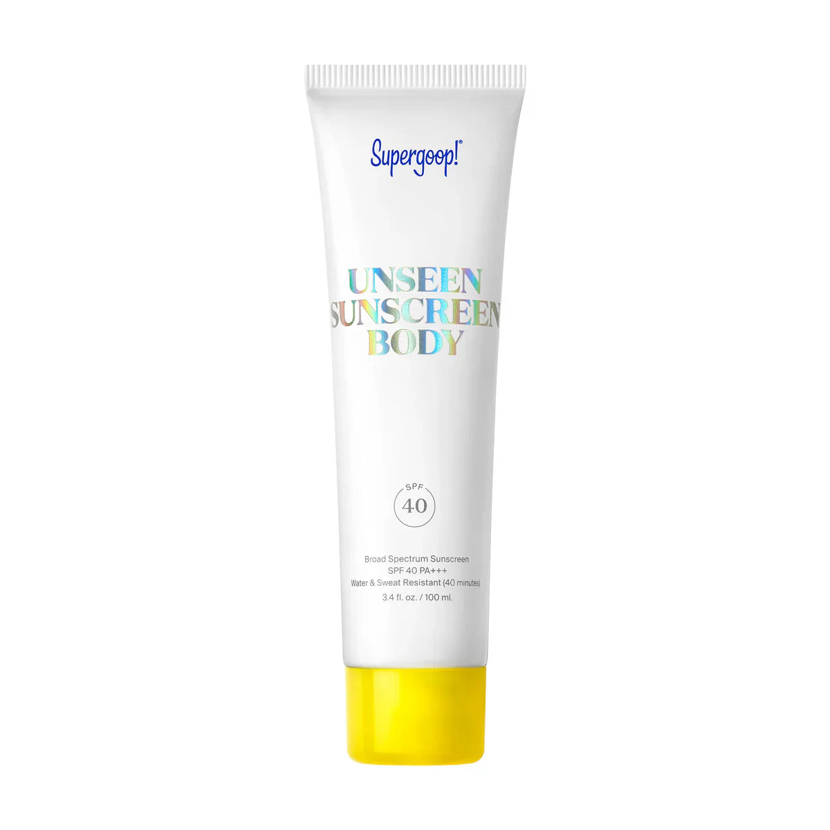 Supergoop! Unseen Sunscreen Body SPF 40 white and yellow bottle.