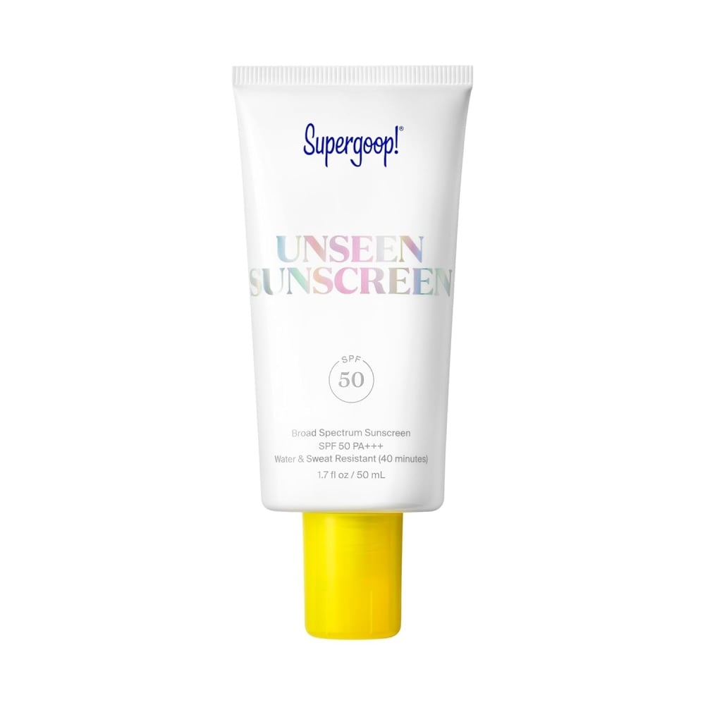 Supergoop! Unseen Sunscreen SPF 50, 1.7 fl oz tube, white and yellow minimalist packaging.