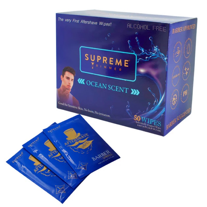 A box of 50 individually wrapped Supreme Aftershave Wipes by N.o.s. Barber Supply
