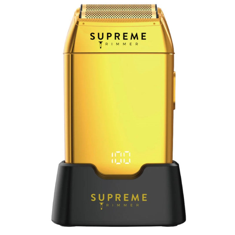 Gold Supreme Crunch Foil Shaver with digital display for professional barber grooming.