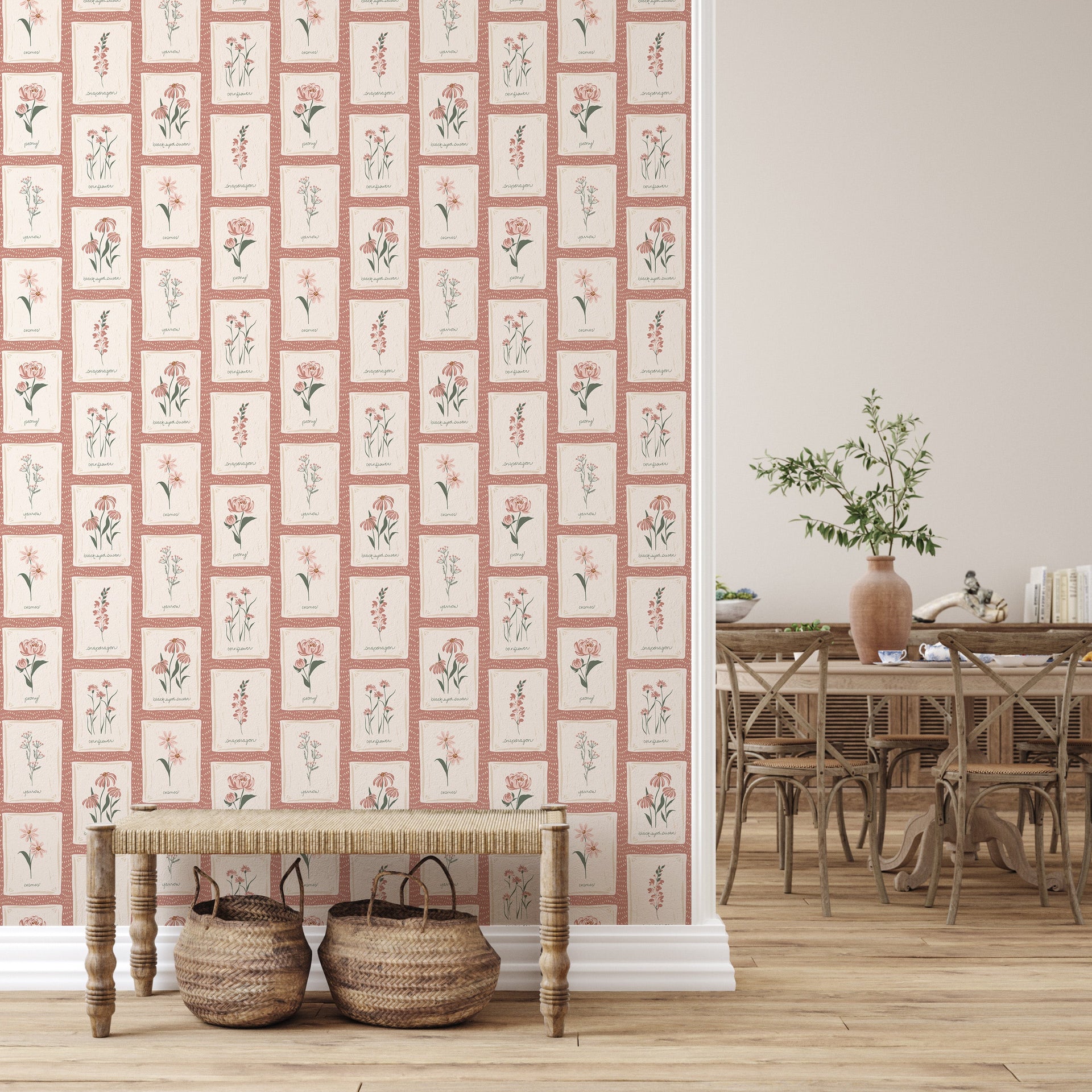 Susan Floral Wallpaper – Vintage Botanical Beige, Mauve & Green