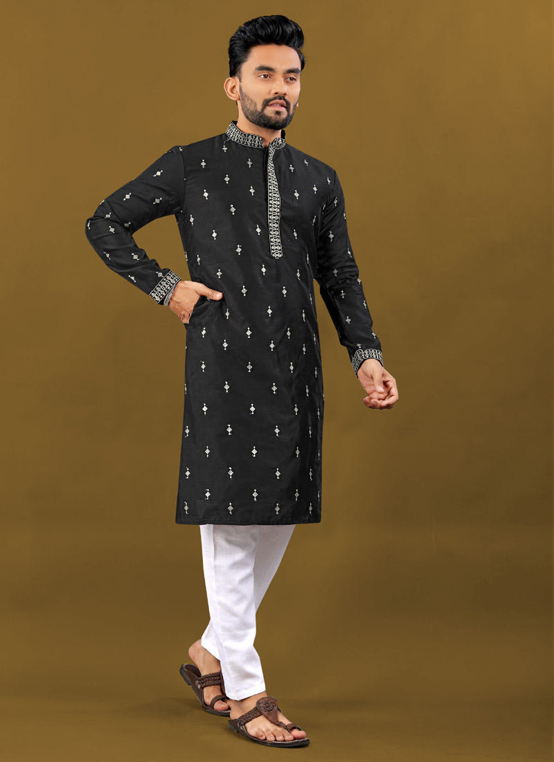 Black Matka Silk Designer Kurta with Silver Jari Embroidery