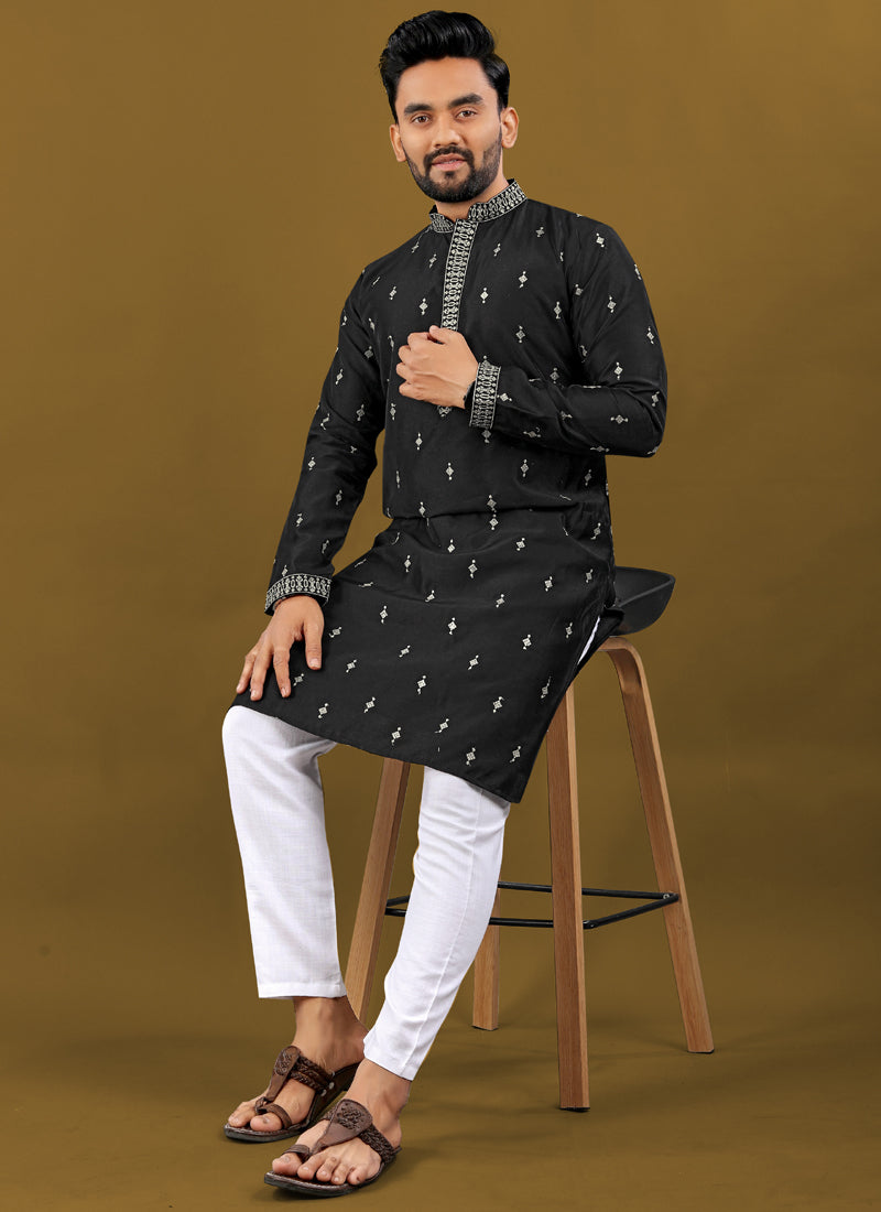 Black Matka Silk Designer Kurta with Silver Jari Embroidery