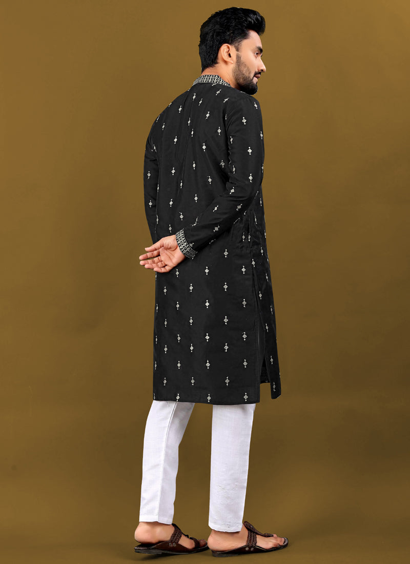 Black Matka Silk Designer Kurta with Silver Jari Embroidery