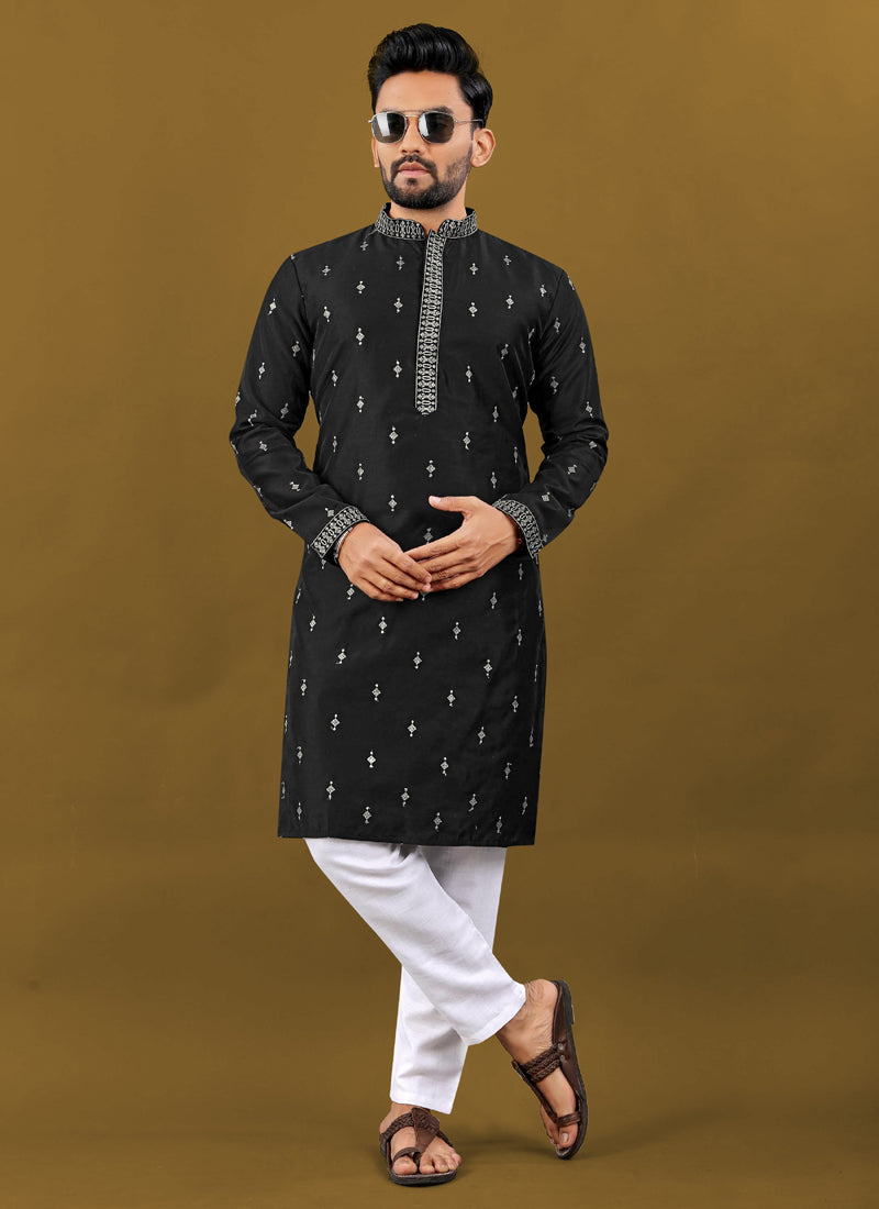 Front view of a black Matka silk designer kurta for men with silver jari embroidery and collar neck detail