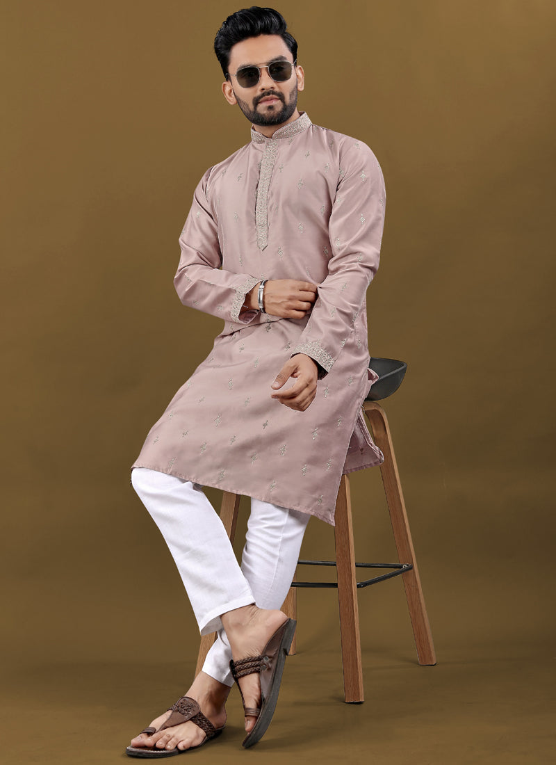 Blush Pink Matka Silk Designer Kurta with Silver Jari Embroidery
