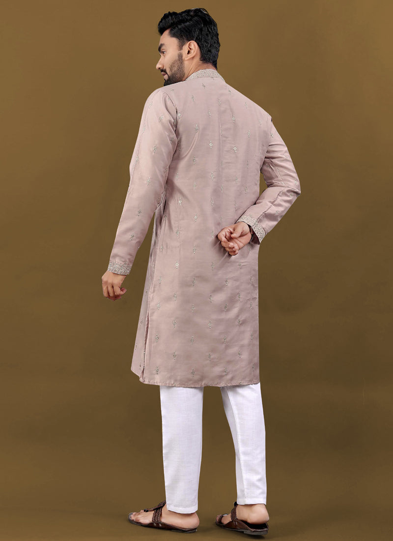 Blush Pink Matka Silk Designer Kurta with Silver Jari Embroidery