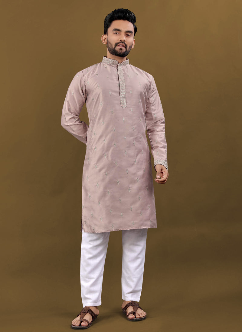 Blush Pink Matka Silk Designer Kurta with Silver Jari Embroidery